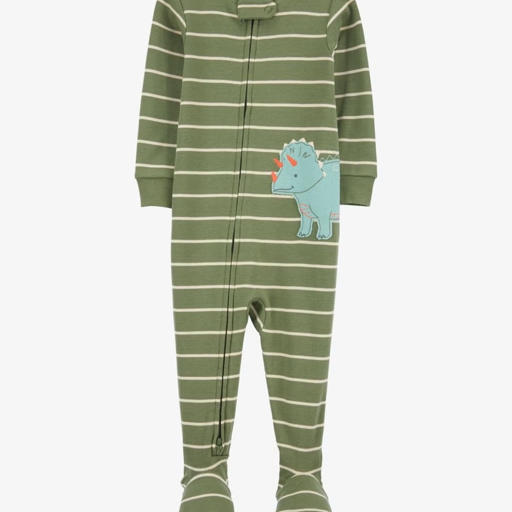 Green Striped Kids One Piece with Dinosaur Patch